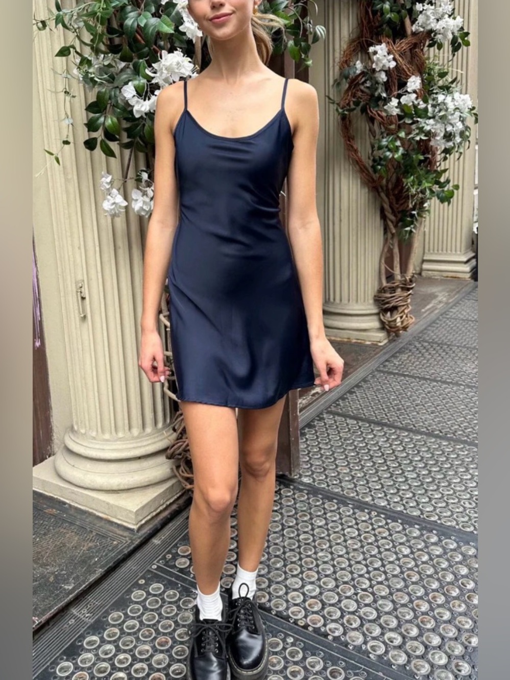 NWT Brandy Melville Navy Blue Satin Adjustable Strap Slip Dress One Size
